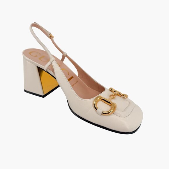 Gucci Baby Horsebit White Leather Slingback Pumps Block Heels Size 37.5 US 7.5 - Picture 11 of 15